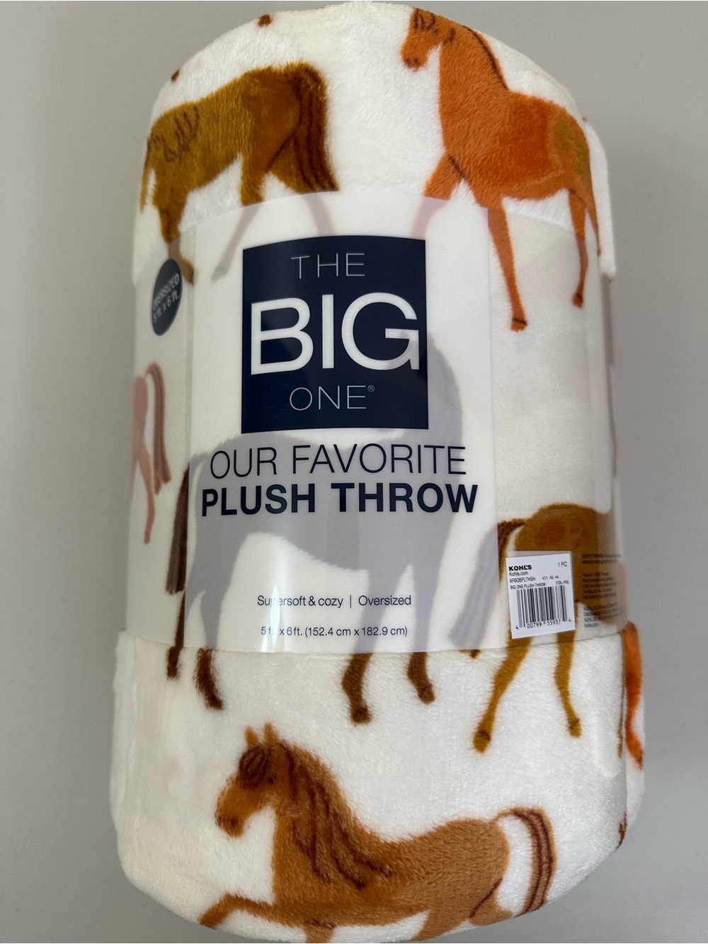 The Big One Plush Throw - White with Brown & Orange Horse Print